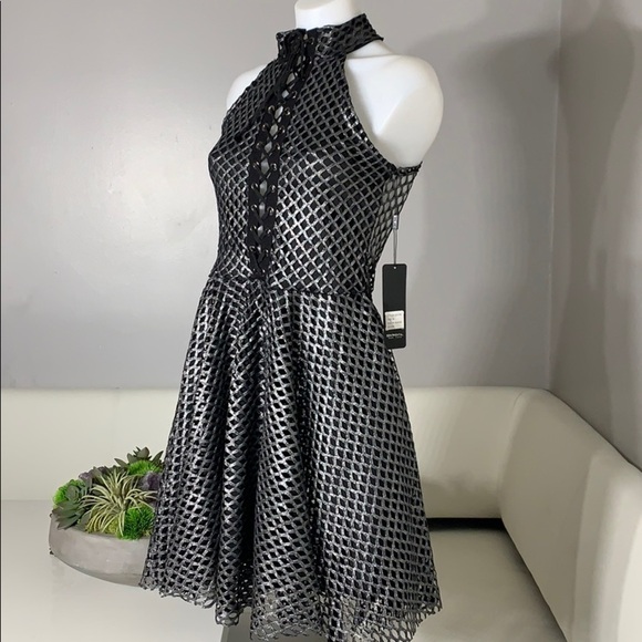 New Sentimental Cage High Neck Lace Up Metallic dress black medium nwt - Picture 2 of 8